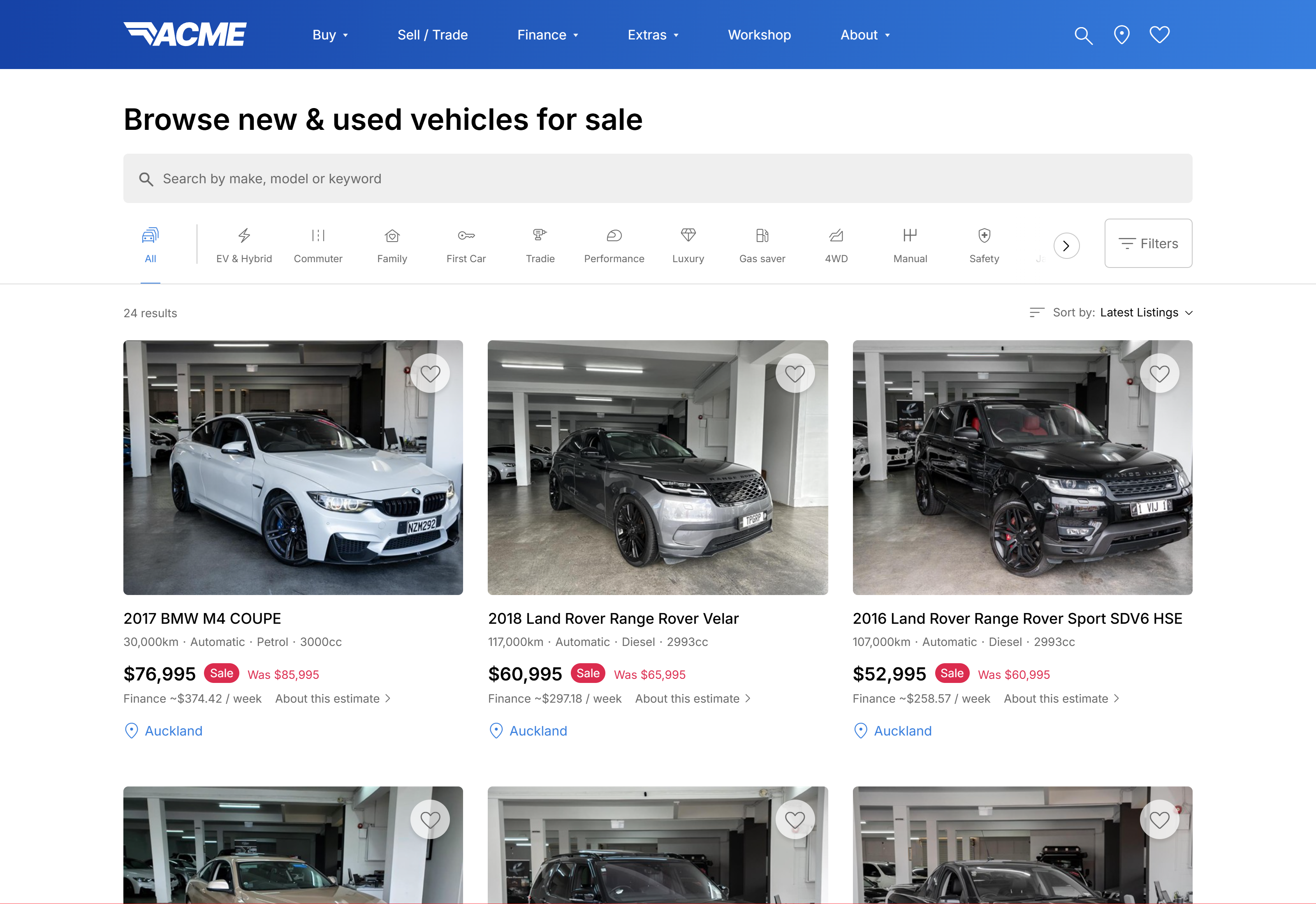 Vehicle browse and listing page